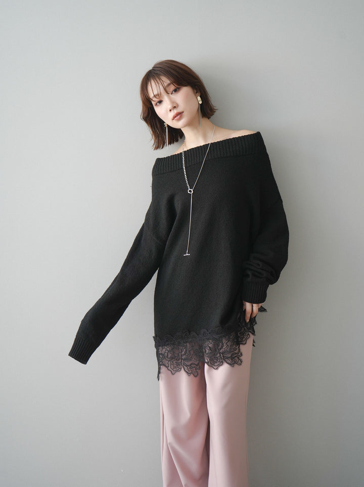 [SET]アシンメトリーレースヘムニットプルオーバー+ベルト付キーホルダーモチーフワイドパンツ(2set)