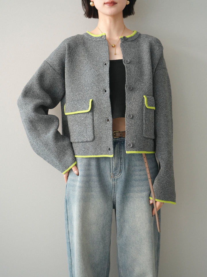 [SET]ポリエステル配色ニットカーディガン+裏起毛カットオフカーブデニムパンツ(2set)