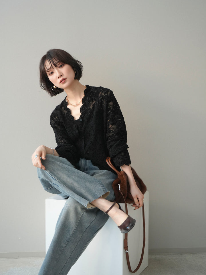 [SET]Vネックレースブラウス+裏起毛カットオフカーブデニムパンツ(2set)
