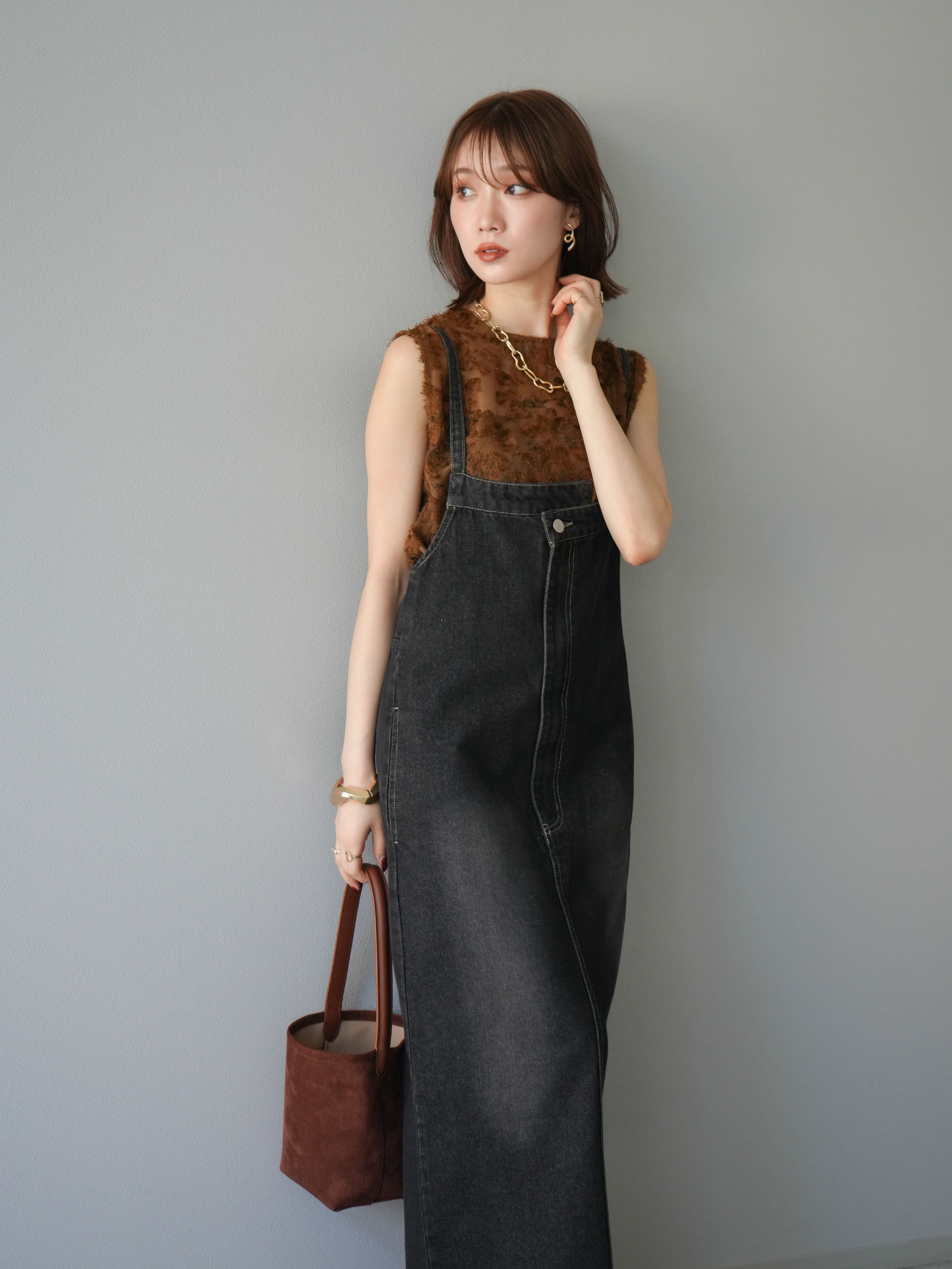 SET]アシンメトリーデニムワンピース+ニュアンスフリンジジャガード