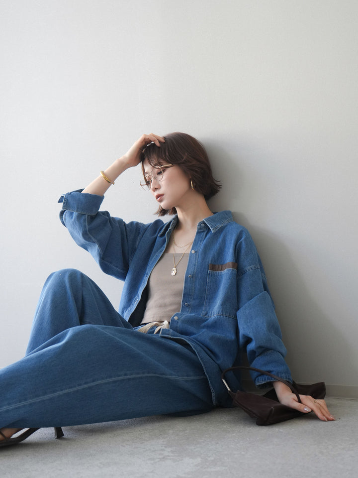 [SET]ポイントレザーオーバーデニムシャツ+ドロストワイドデニムパンツ(2set)