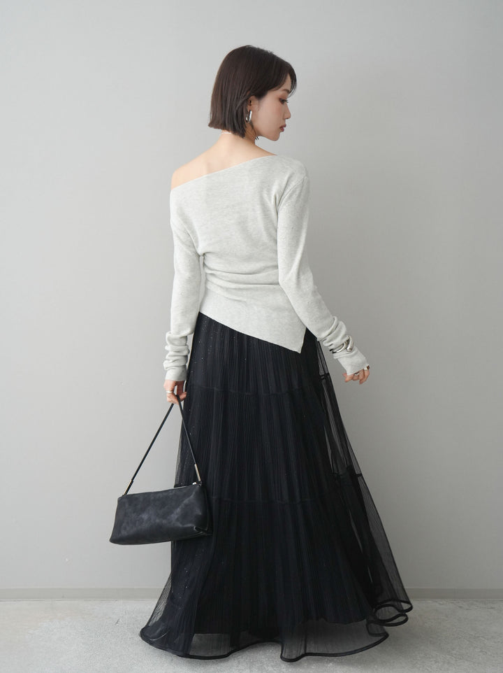 [予約]ラメプリーツレイヤードチュールロングスカート/black