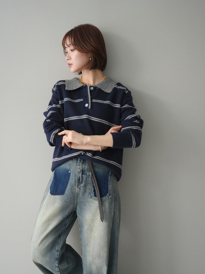 [予約]バイカラーボーダーポロニットプルオーバー/navy