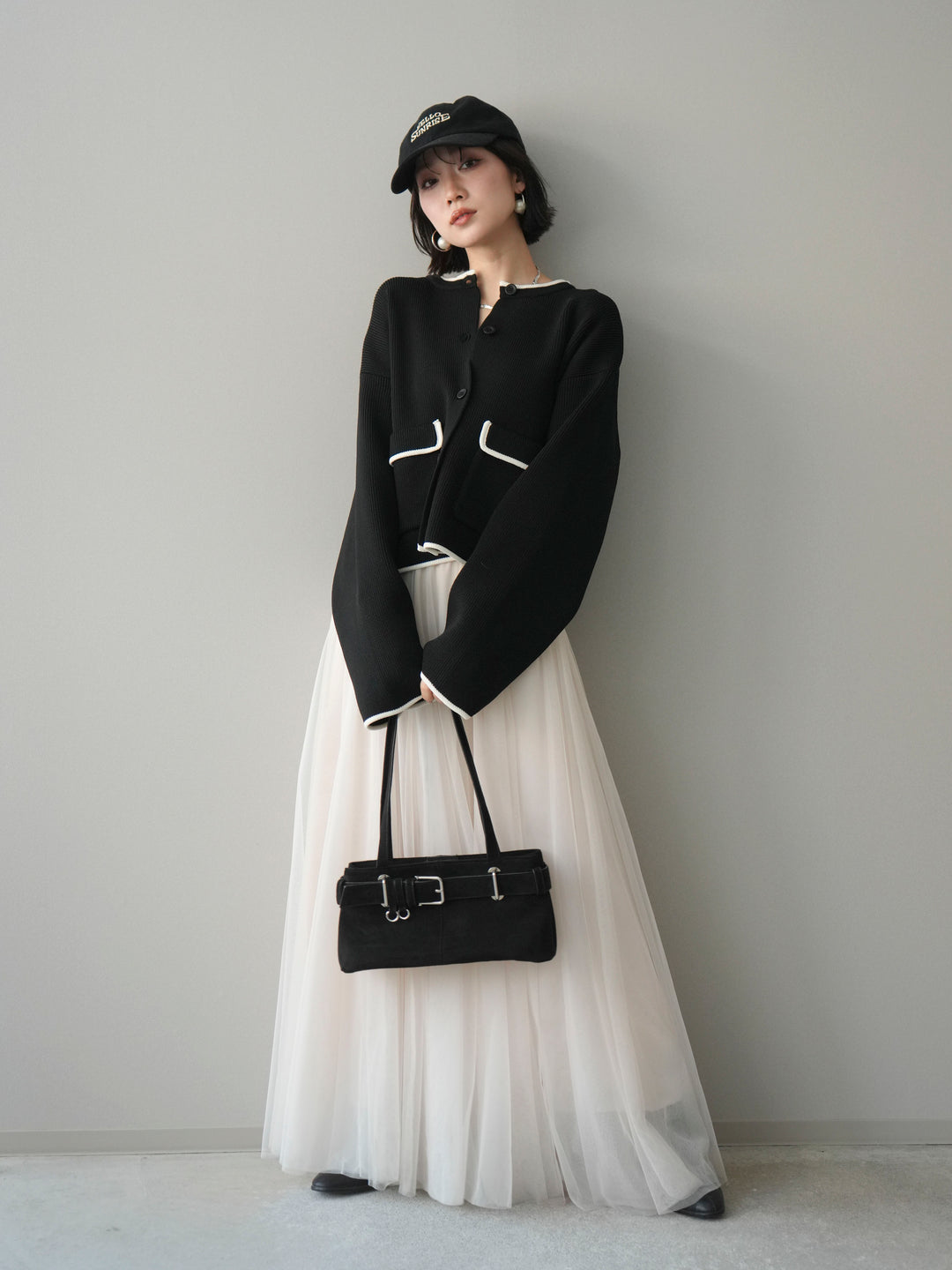 [SET]ポリエステル配色ニットカーディガン+チュールボリュームスカート(2set)