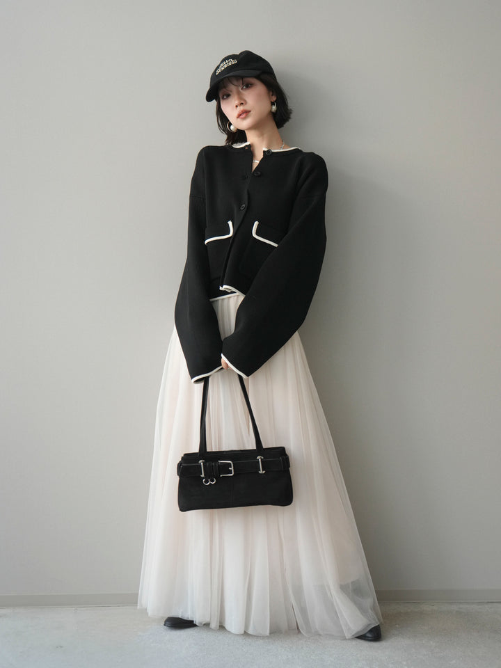 [SET]ポリエステル配色ニットカーディガン+チュールボリュームスカート(2set)
