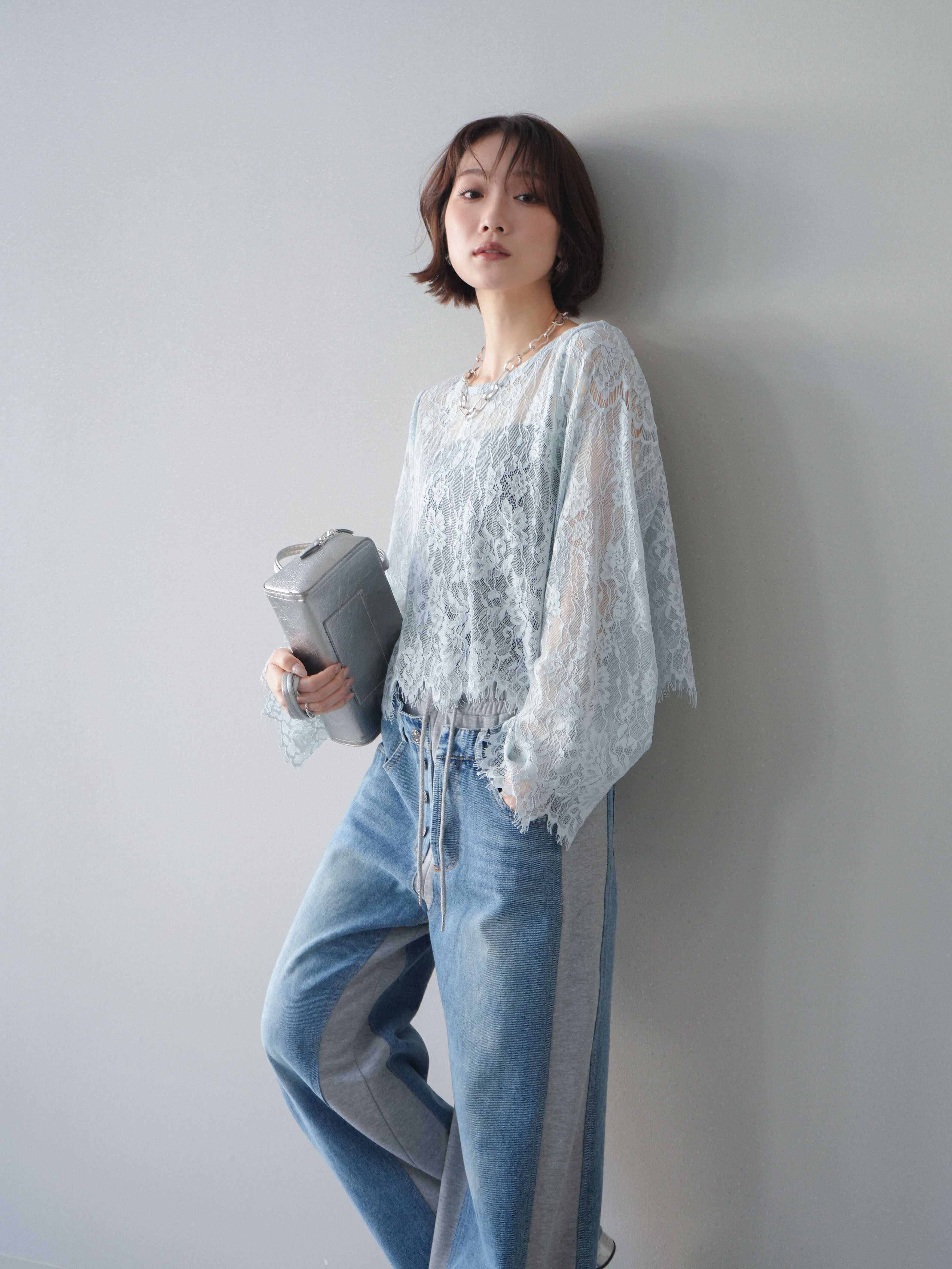  デニム　リメイク　トップス レース SET]2WAYスリーブレーストップス+デニム切替スウェットパンツ(2set