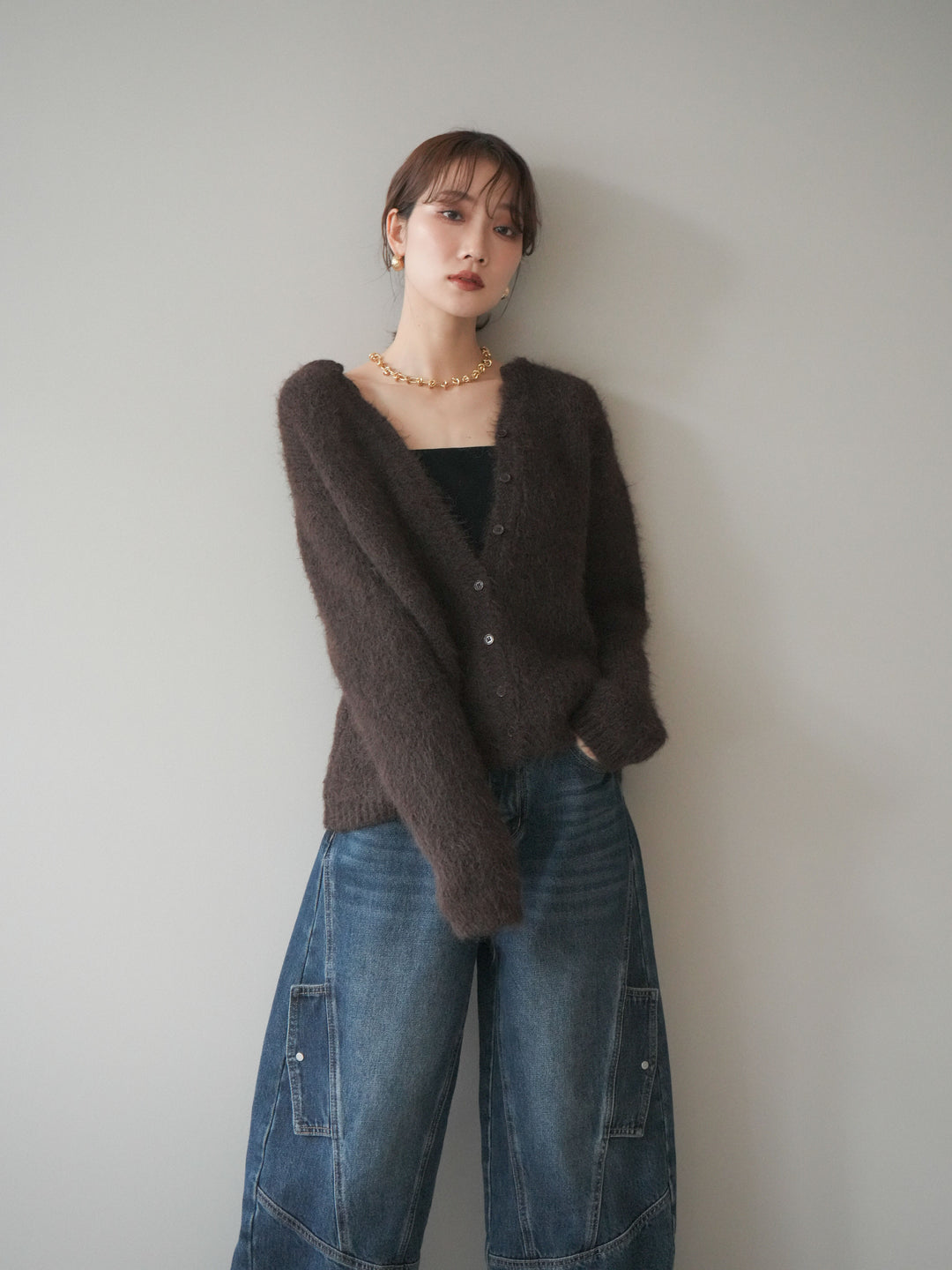 [予約]キーネックシャギーニットカーディガン/brown