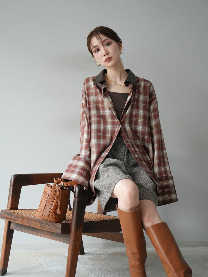 [予約]レザー襟オンブレチェックオーバーシャツ /レッド