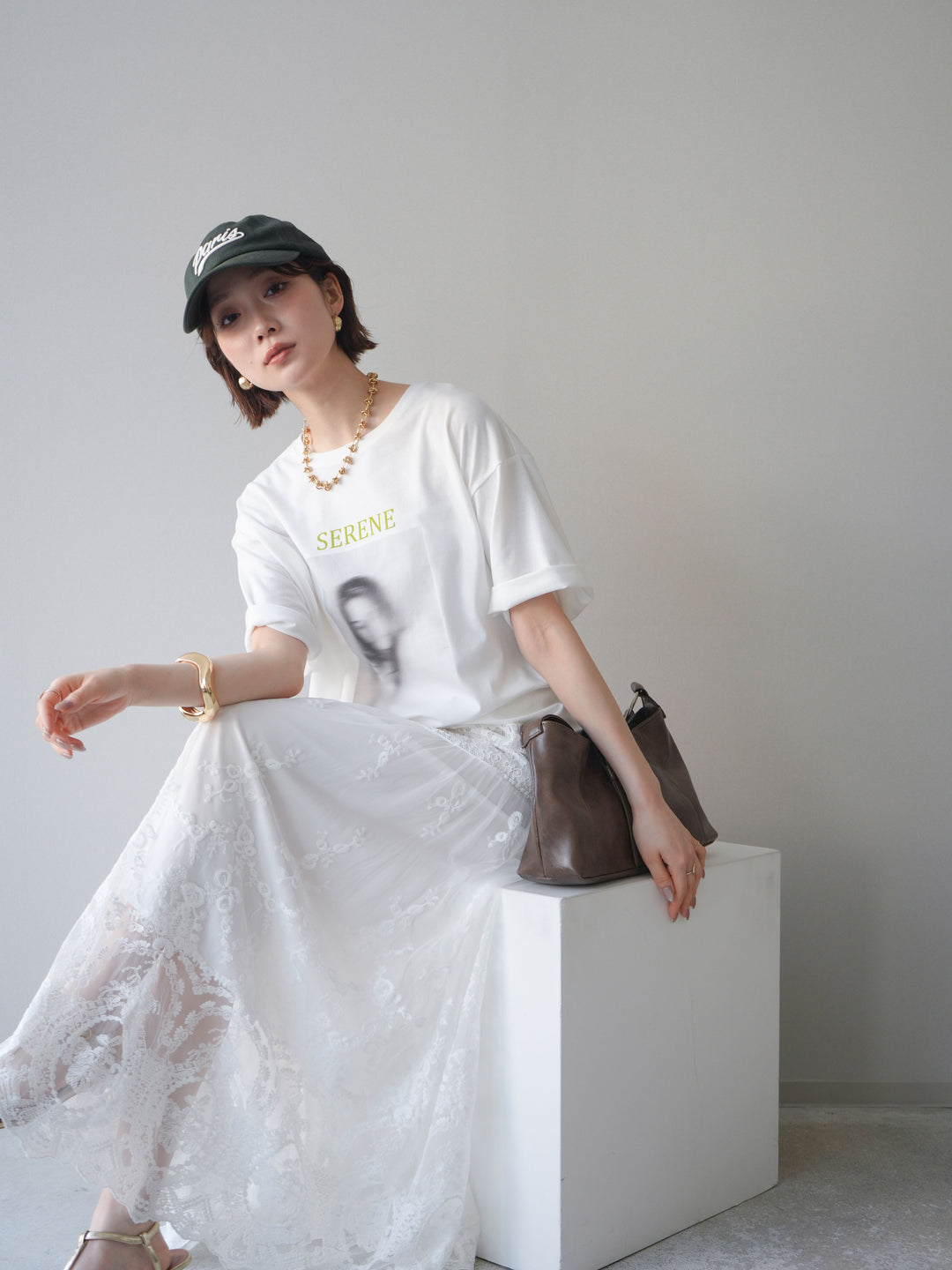 [SET]ブラーアートフォトTシャツ+シアーレースマキシスカート(2set)