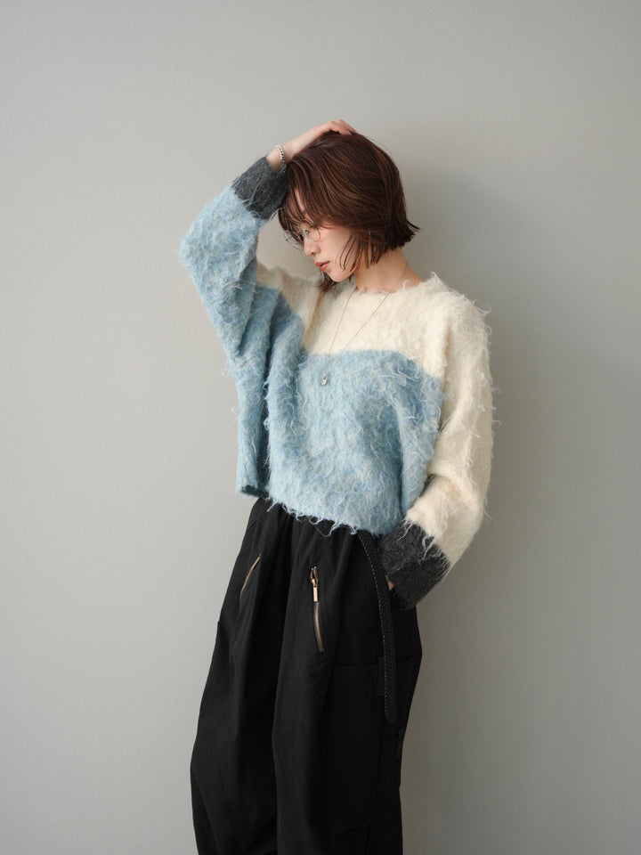 [SET]バイカラーモヘアタッチニットプルオーバー+コットンタックループパンツ(2set)