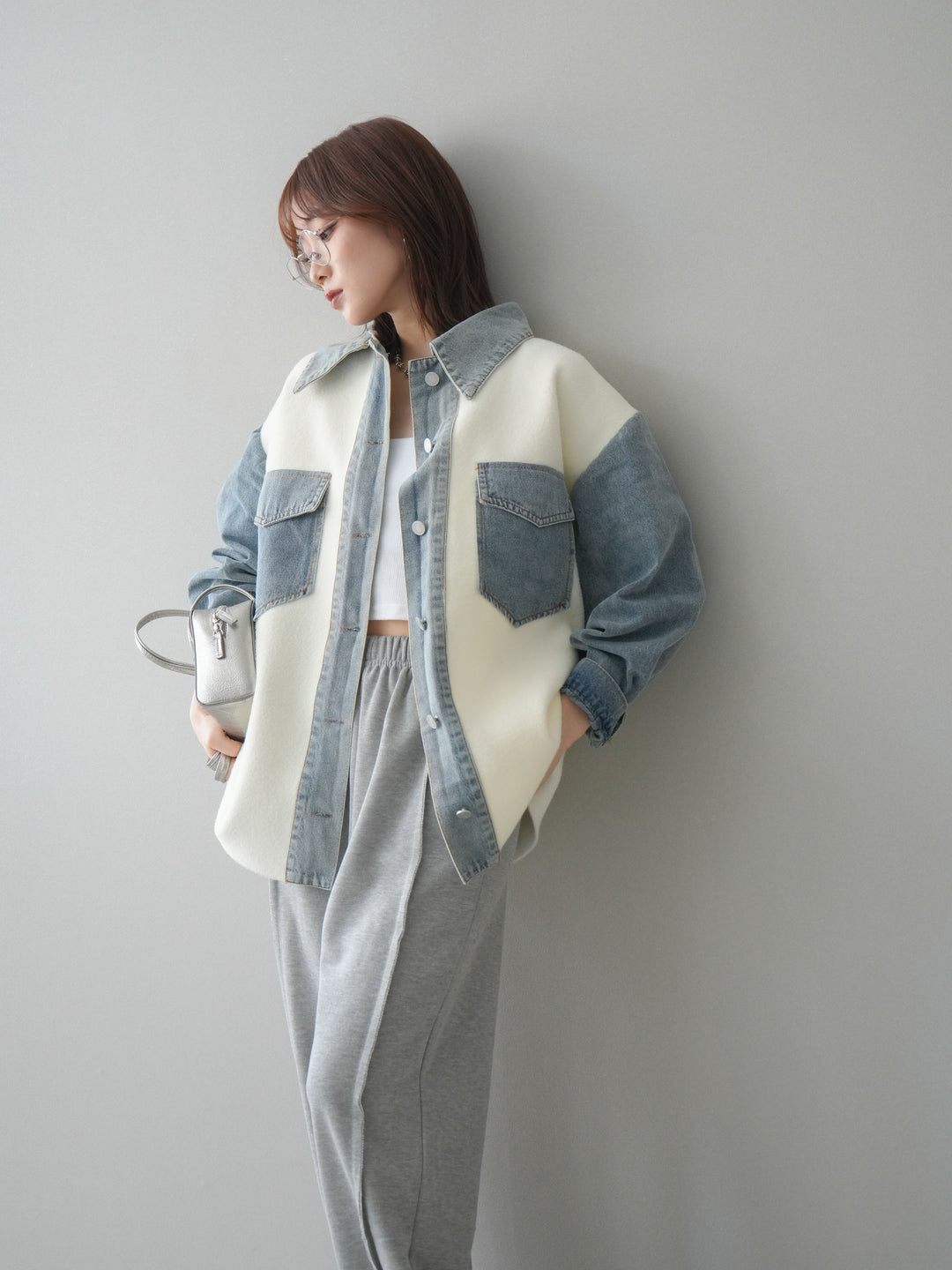 [SET]デニム襟ダブルフェイスニットカーディガン+2WAYデザインスウェットパンツ(2set)