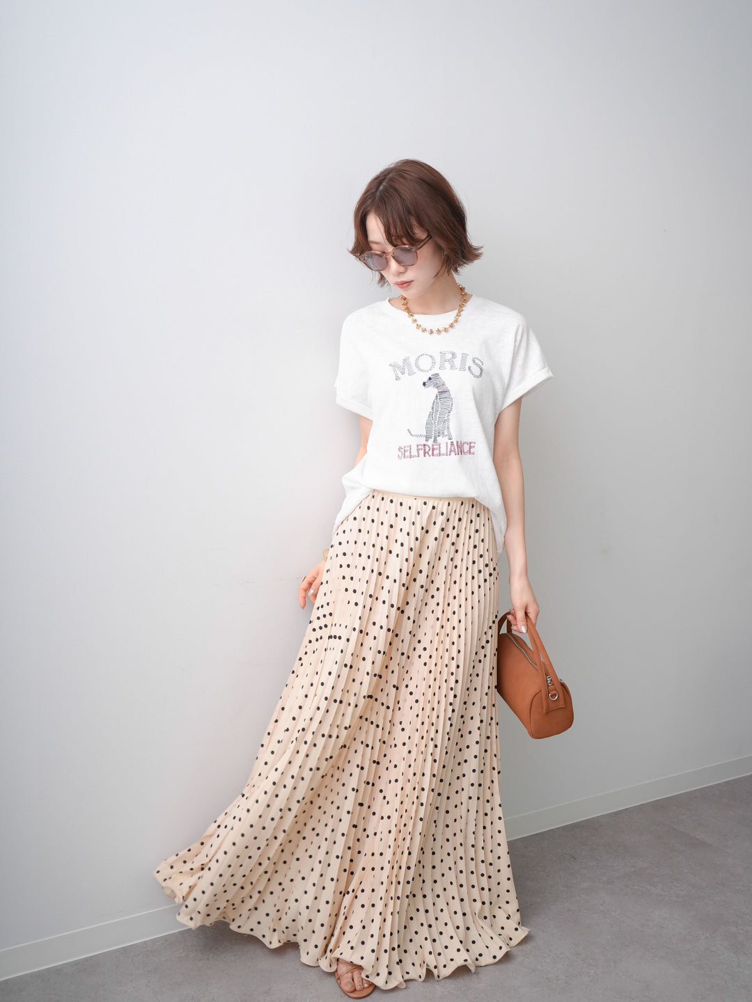 [SET]ドッグエンブロイダリーTEE+ドットアコーディオンプリーツスカート(2set)