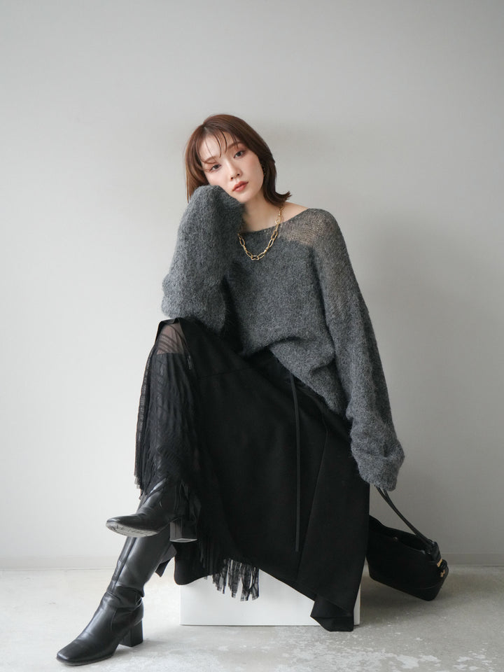 [予約]ネック透かし編みニットプルオーバー/ダークグレー
