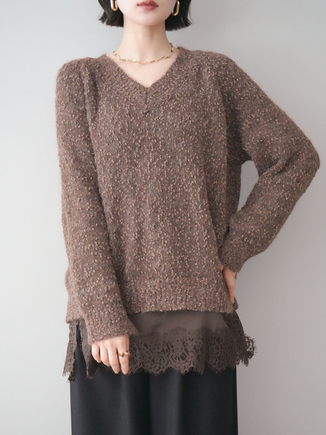 [SET]Vネックスラブニットプルオーバー+選べるアクセセット(2set)