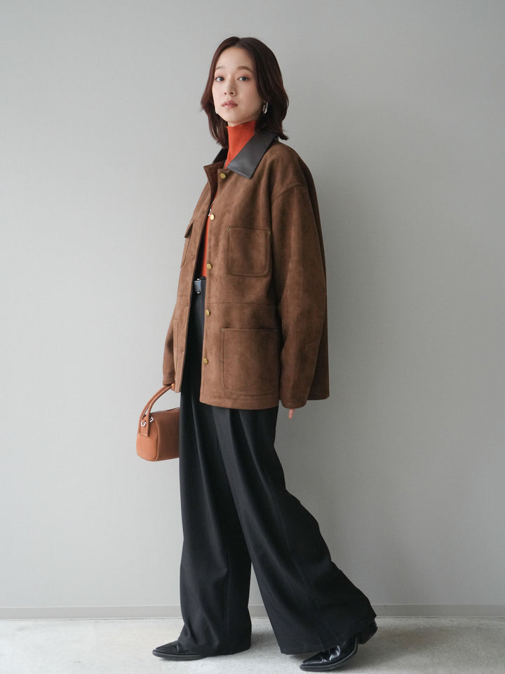 [SET]襟レザーステンカラースエードジャケット+袖ボタンボトルネックリブニットトップス+ベルトループデザインワイドパンツ(3set)