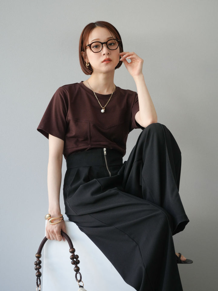 [SET]ビスチェデザインTシャツ+ジップタックワイドパンツ(2set)