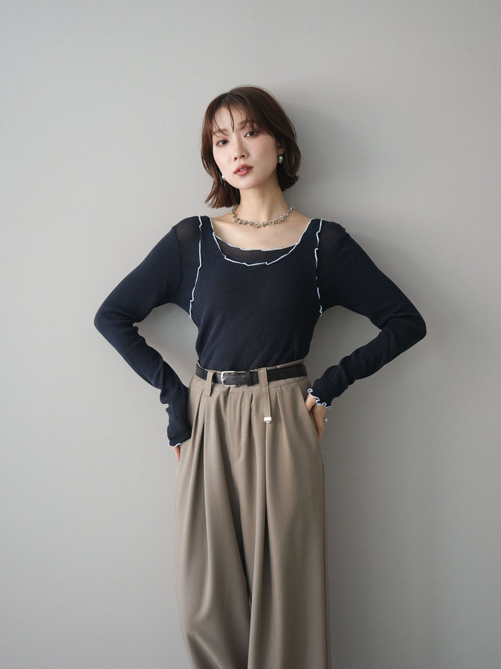 [SET]バイカラーメローアンサンブルシアーニットトップス+ベルト付キーホルダーモチーフワイドパンツ(2set)