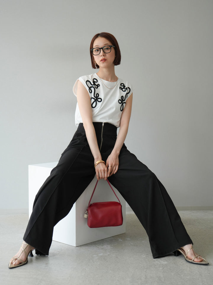 [SET]コード刺繍フレンチスリーブTシャツ+ジップタックワイドパンツ(2set)