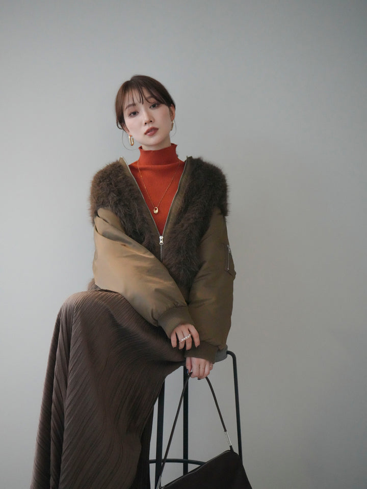 [SET]ファードッキングMA-1+袖ボタンボトルネックリブニットトップス+裾レーススウェードプリーツマキシスカート(3set)