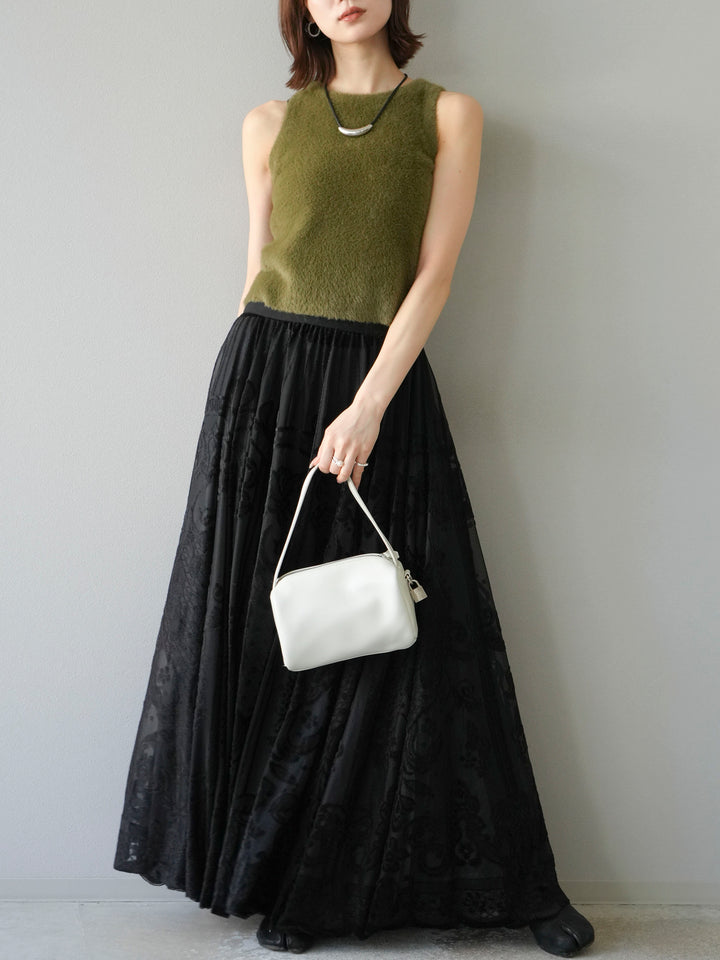 [予約]アンティーク柄フロッキーマキシスカート/ブラック