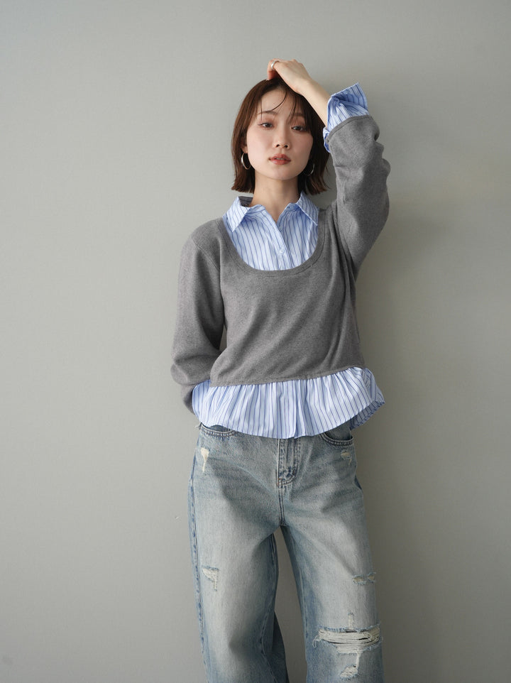 [予約]ストライプシャツUネックドッキングニットプルオーバー/graybluestripeA