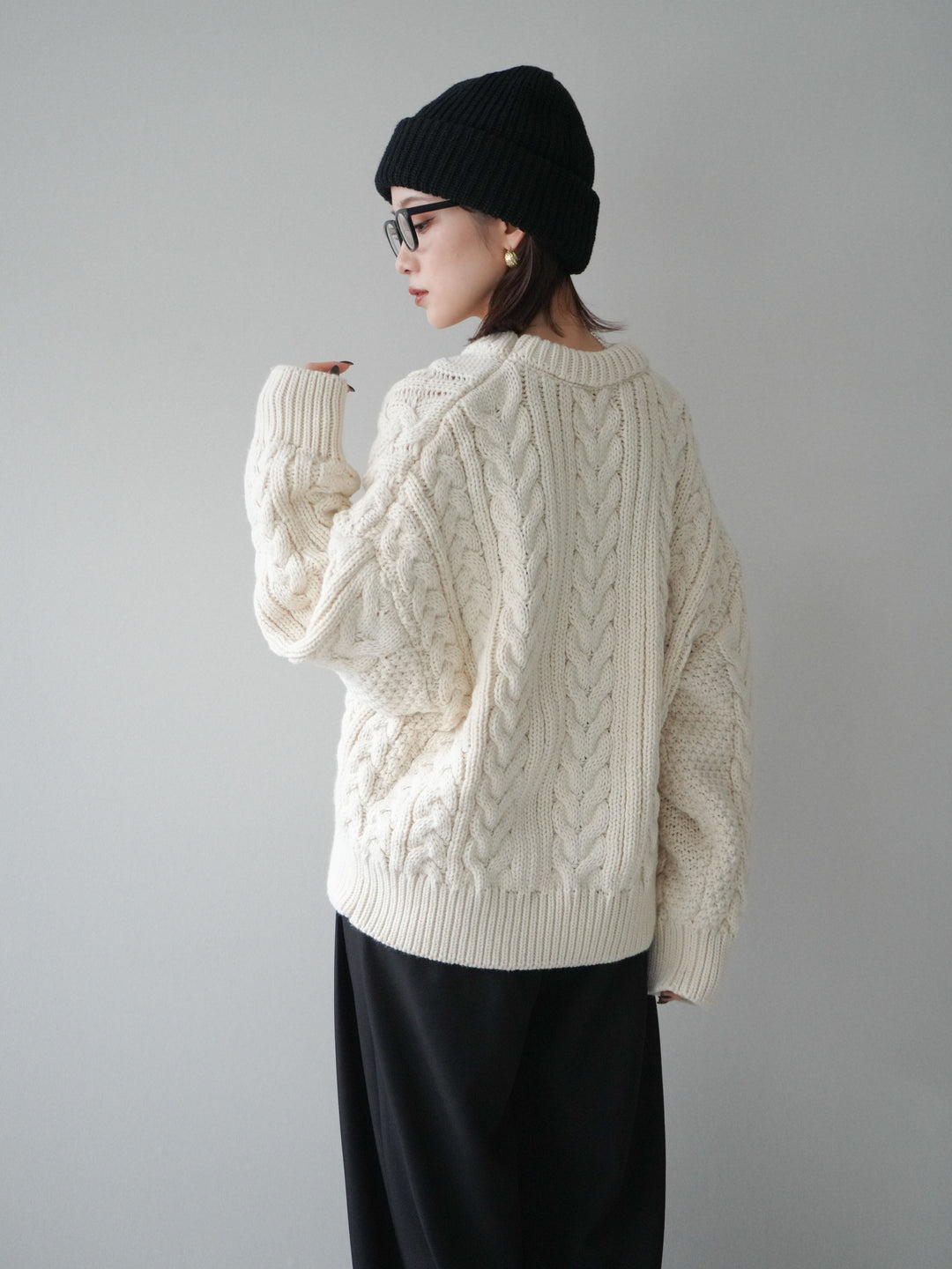 [SET]ボリュームケーブルニットプルオーバー+ベルトループデザインワイドパンツ(2set)