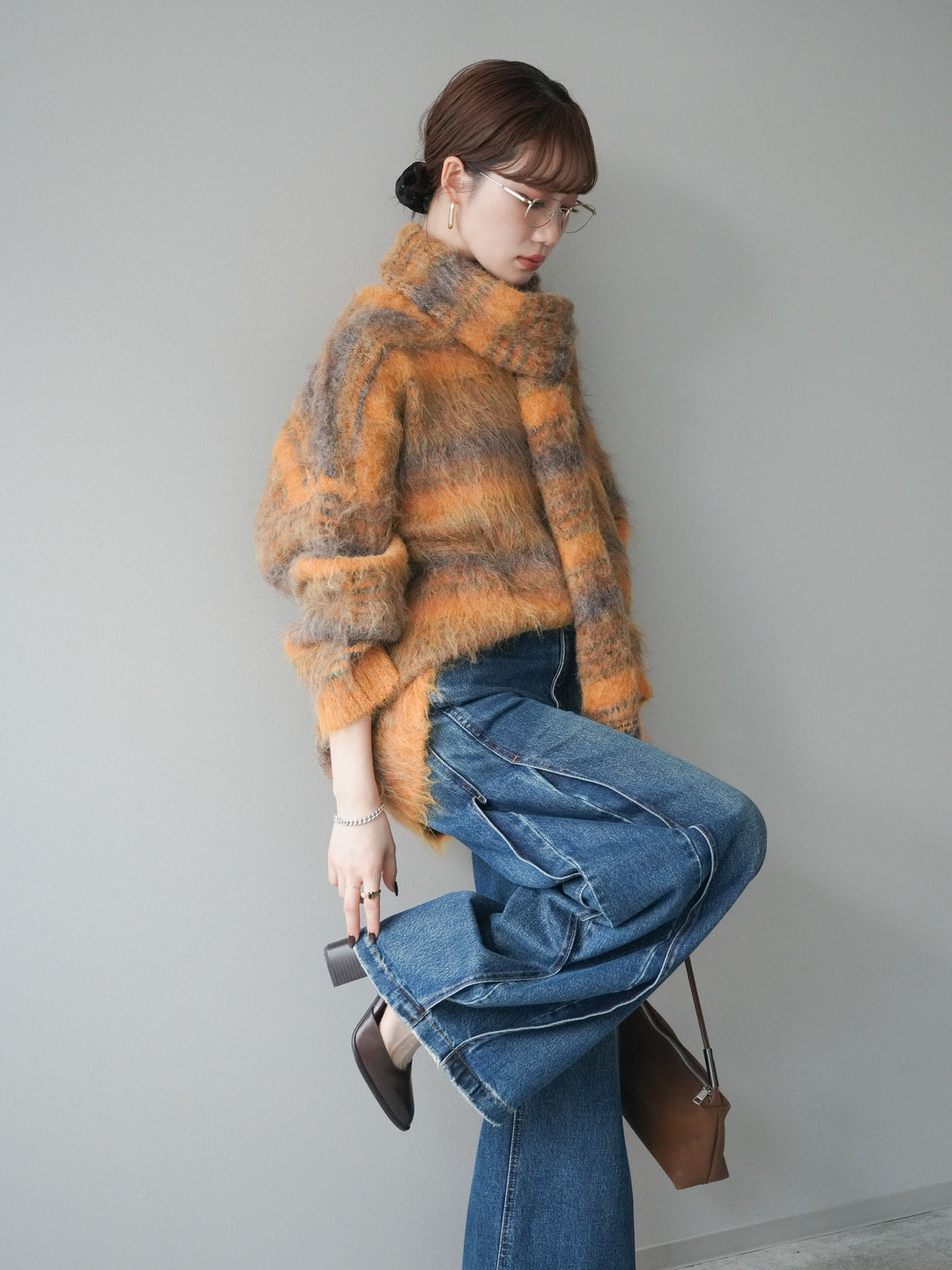 [予約]ストール付シャギーマルチボーダーニットプルオーバー/yellow