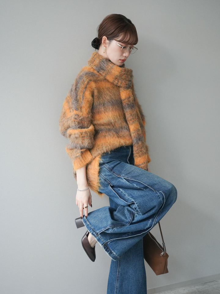 [予約]ストール付シャギーマルチボーダーニットプルオーバー/yellow