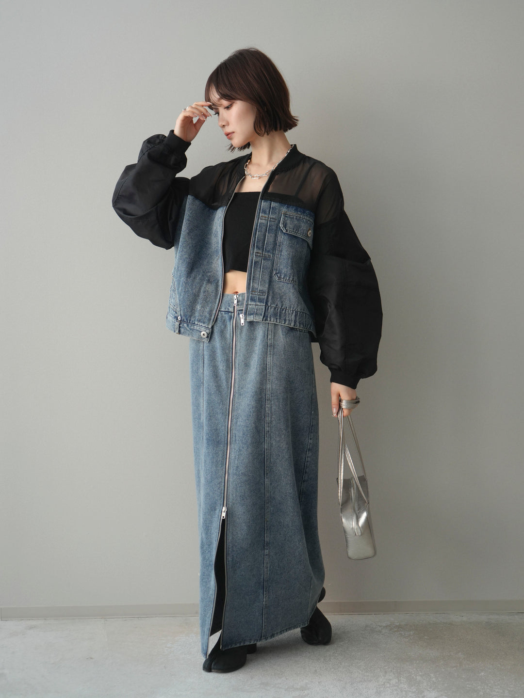 [SET]異素材デニムブルゾン+フロントジップデニムスカート(2set)