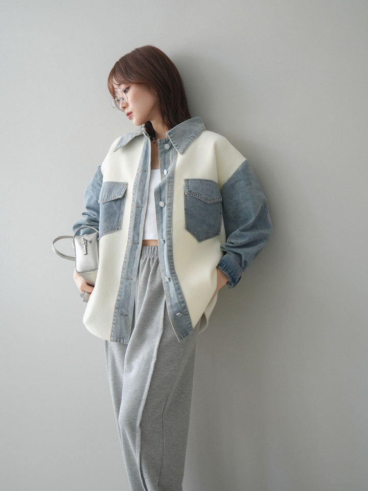 [予約]デニム襟ダブルフェイスニットカーディガン/white