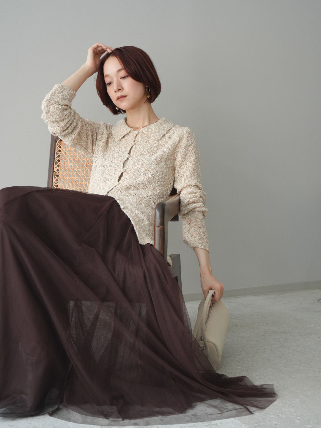 [予約]透かし編みブークレポロニットトップス/beige