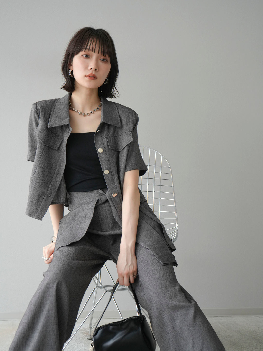 [SET]リネンタッチハーフシャツ＆ラップワイドパンツSET UP(2set)