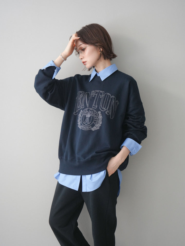 [SET]カレッジロゴ刺繍BIGスウェットプルオーバー+ボウタイ付オーバーシャツ(2set)