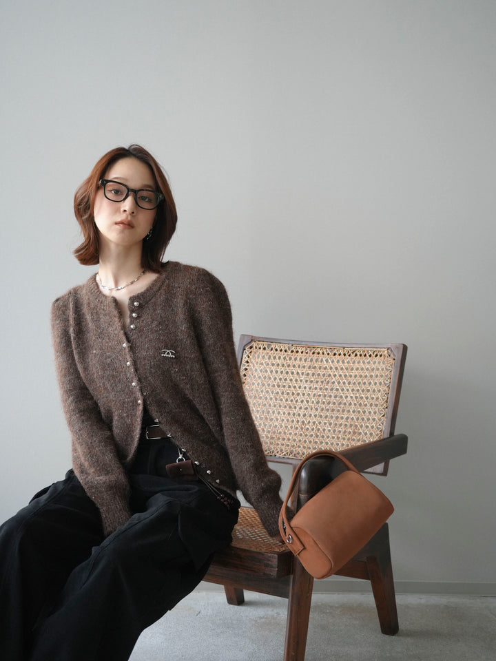 [予約]ブローチ付silverボタンミックスニットカーディガン/brown