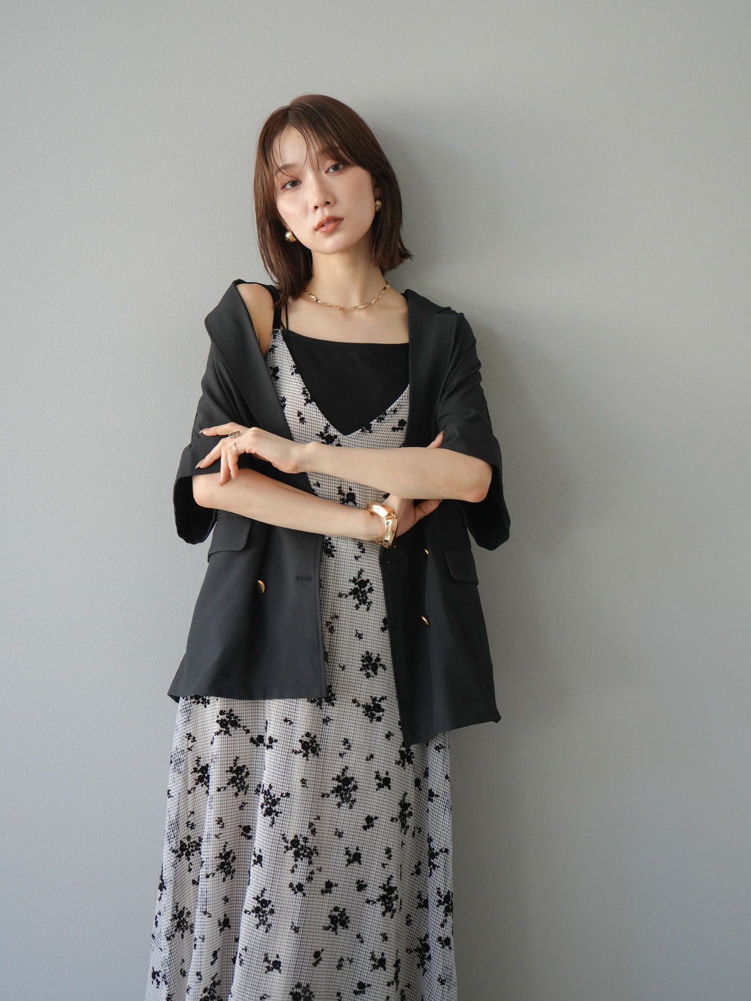 [套裝] 植絨薄紗層疊天鵝絨吊帶連身裙 + 金色紐帶半夾克 (2 套)