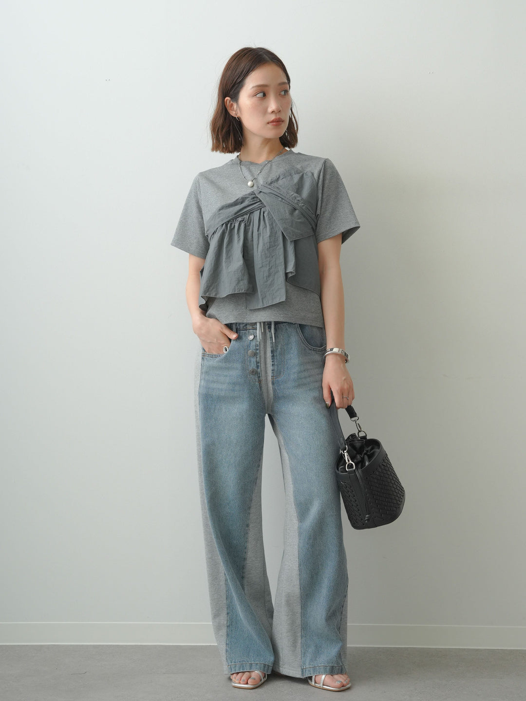 [SET]ナイロンドッキングツイストTEE +デニム切替スウェットパンツ(2set)