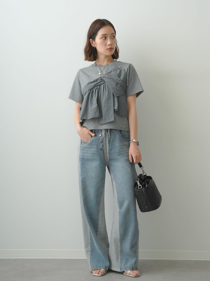 [SET]ナイロンドッキングツイストTEE +デニム切替スウェットパンツ(2set)