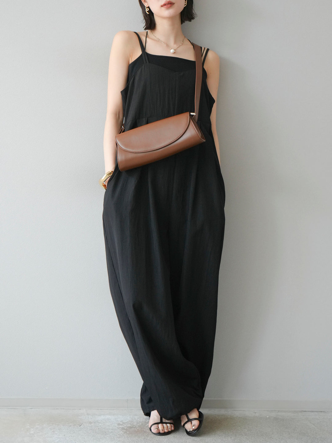 [SET]リネンライクビスチェデザインサロペット+ダブルストラップカットリブブラキャミソール(2set)