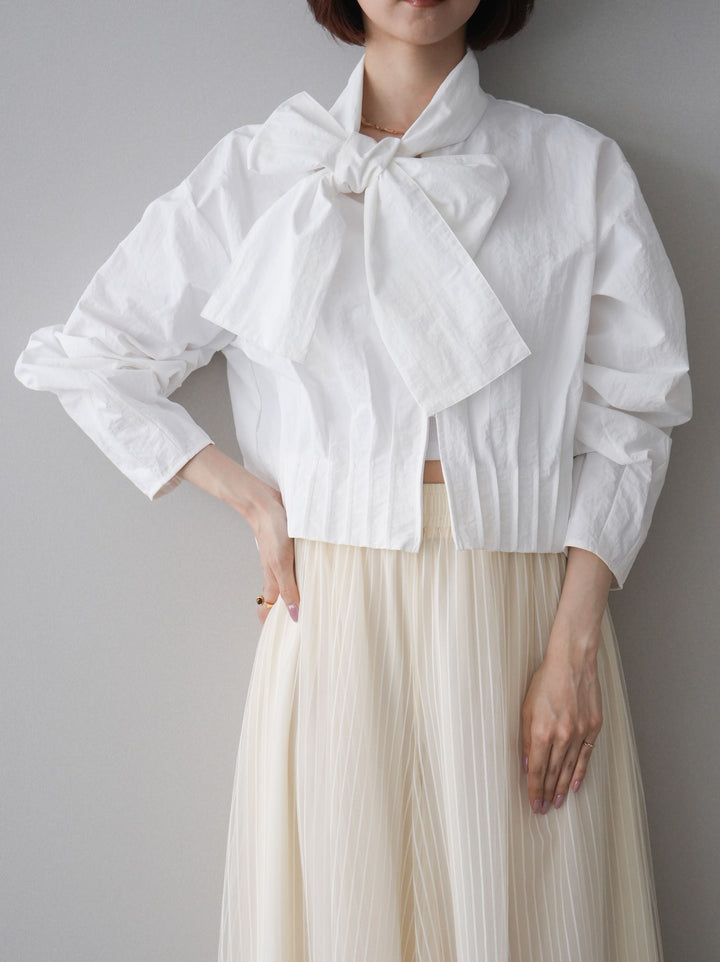 [SET]ボウタイ裾プリーツライトジャケット+ストライプチュールボリュームバギーパンツ(2set)