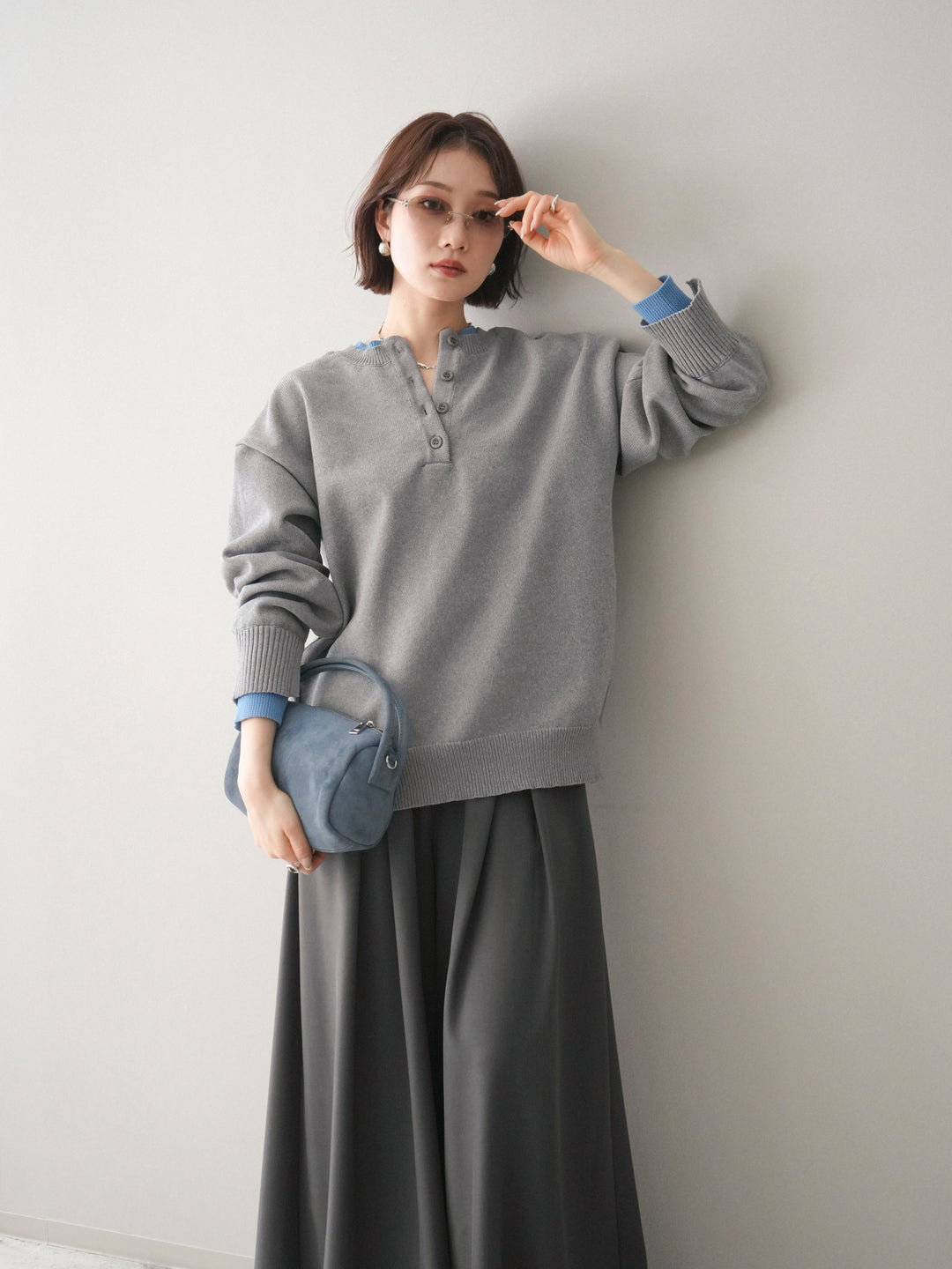 [予約]2WAYネック配色レイヤードニットプルオーバー/gray