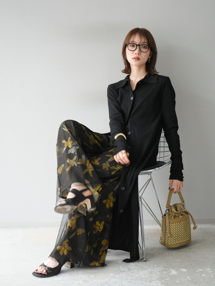 [SET]襟付きカットリブボタンワンピース+フラワープリントチュールレイヤードパンツ(2set)