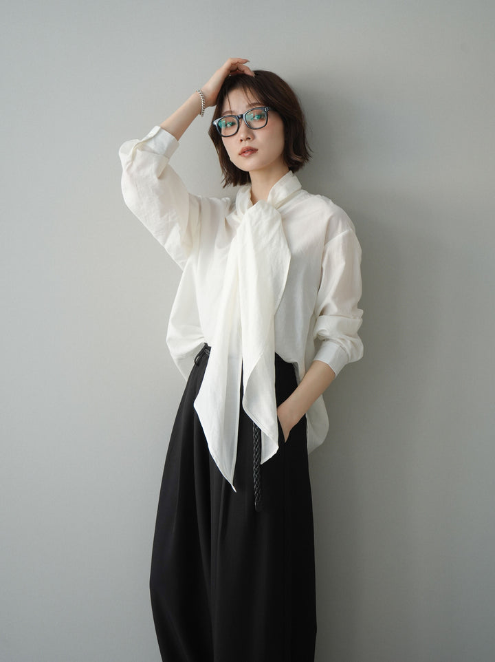 【套裝】薄紗蝴蝶結襯衫+編織腰帶寬褲（兩件套）