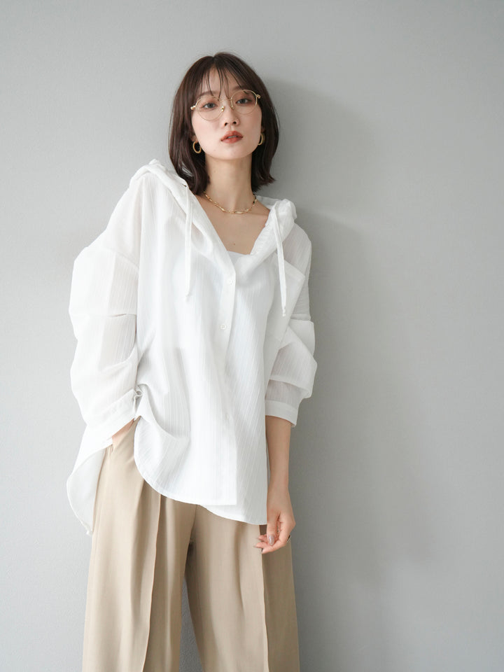 [予約]ワッシャーストライプフーディーシャツ/オフ