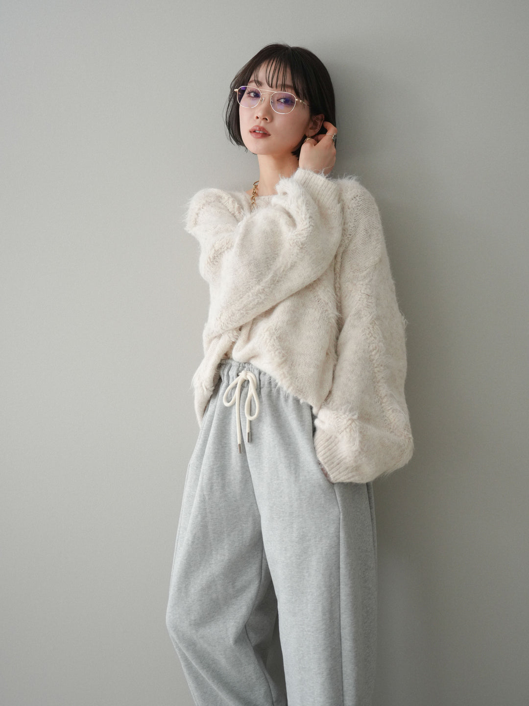 [SET]シャギーデザインニットプルオーバー+裾ZIPスエットワイドパンツ(2set)