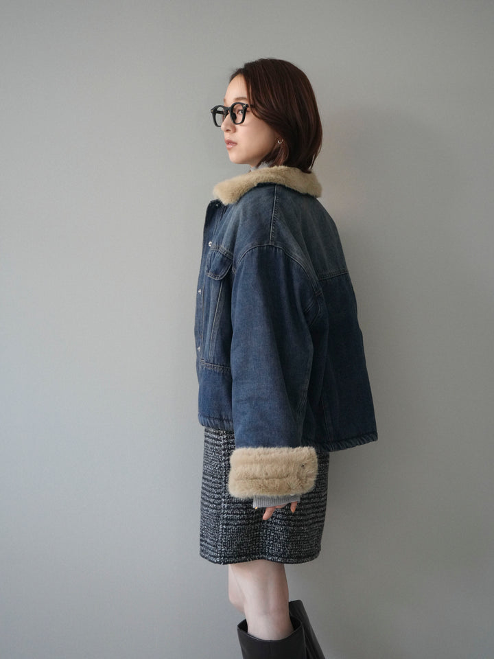 [予約]デニム×ファーステンカラーショートジャケット/blue