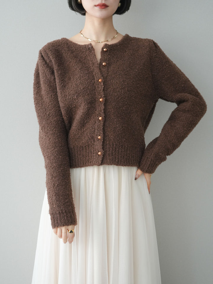[SET]ゴールドボタンブークレニットカーディガン+チュールボリュームスカート(2set)