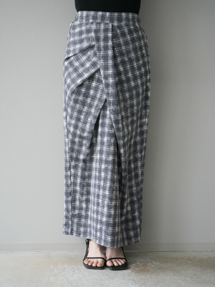 [予約]チェックプリントタックIラインスカート/グレー