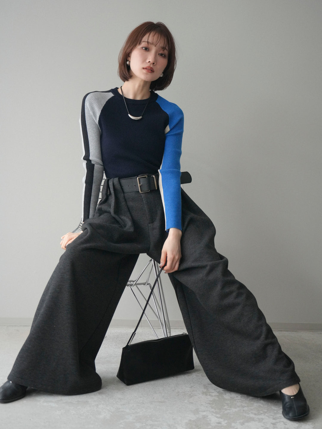 [SET]バイカラーラグランニットトップス+ベルトデザインループウールワイドパンツ(ベルト付)(2set)