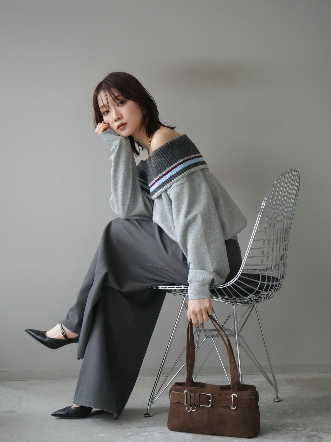 [予約]ボーダーニットオフショルダーxスウェットプルオーバー/gray