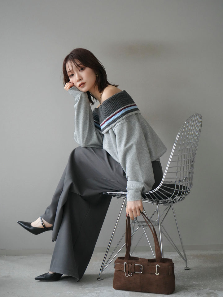 [予約]ボーダーニットオフショルダーxスウェットプルオーバー/gray